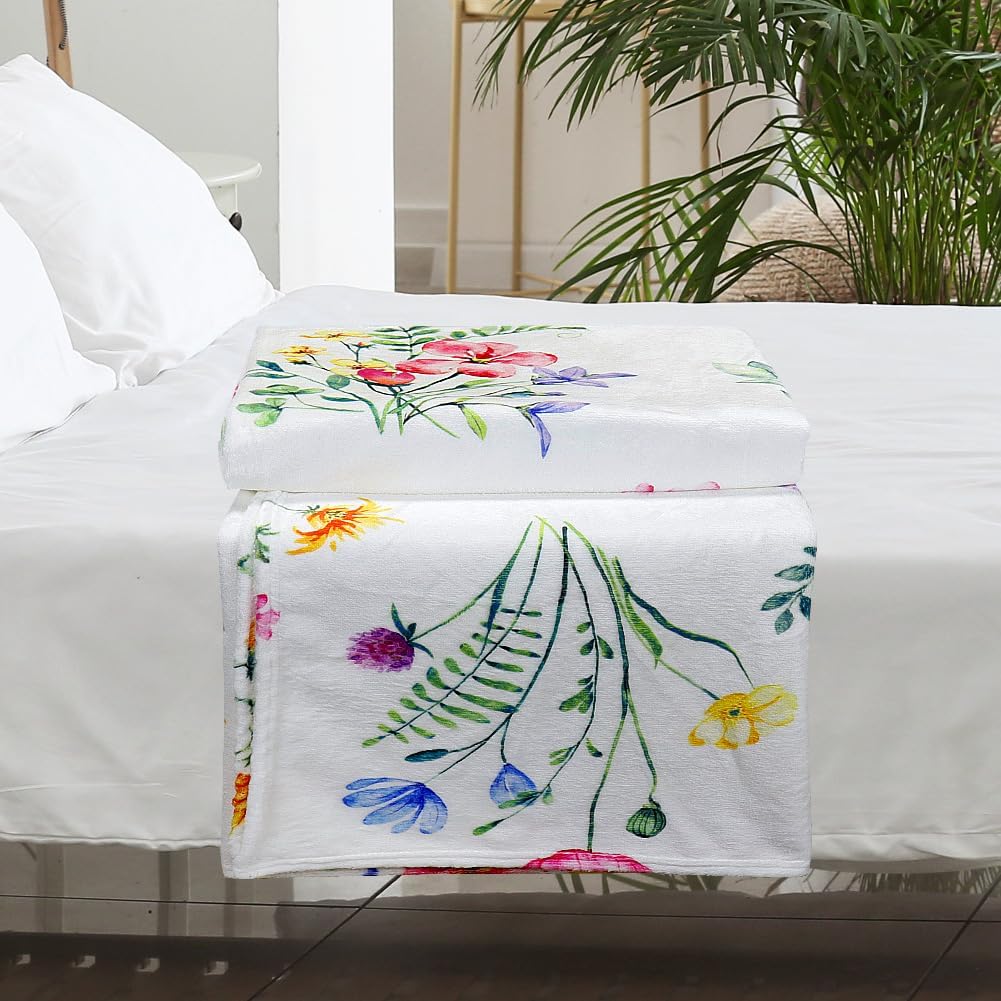 Colorful Wildflowers Throw Blanket Botanical Plant Bed Blanket Watercolor Floral Flower Blankets Soft Flannel Fleece Throw Blanket Boho Cozy Fluffy Plush Blankets 60" X 80"