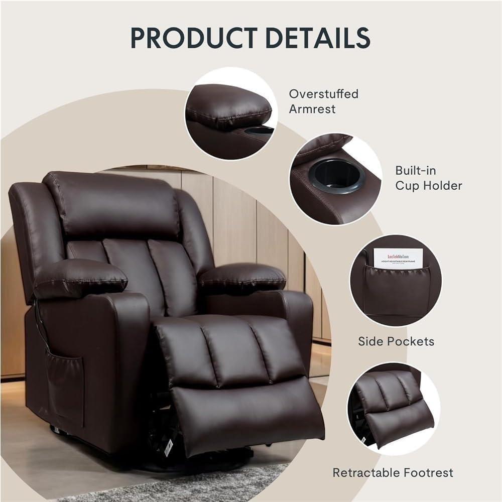 Electric Power Lift Recliner Chair for Seniors with Heat & Massage, Ergonomic PU Leather Sofa Recliner with Cup Holders, Side Pockets, Adjustable Back & Footrest for Living Room Comfort
