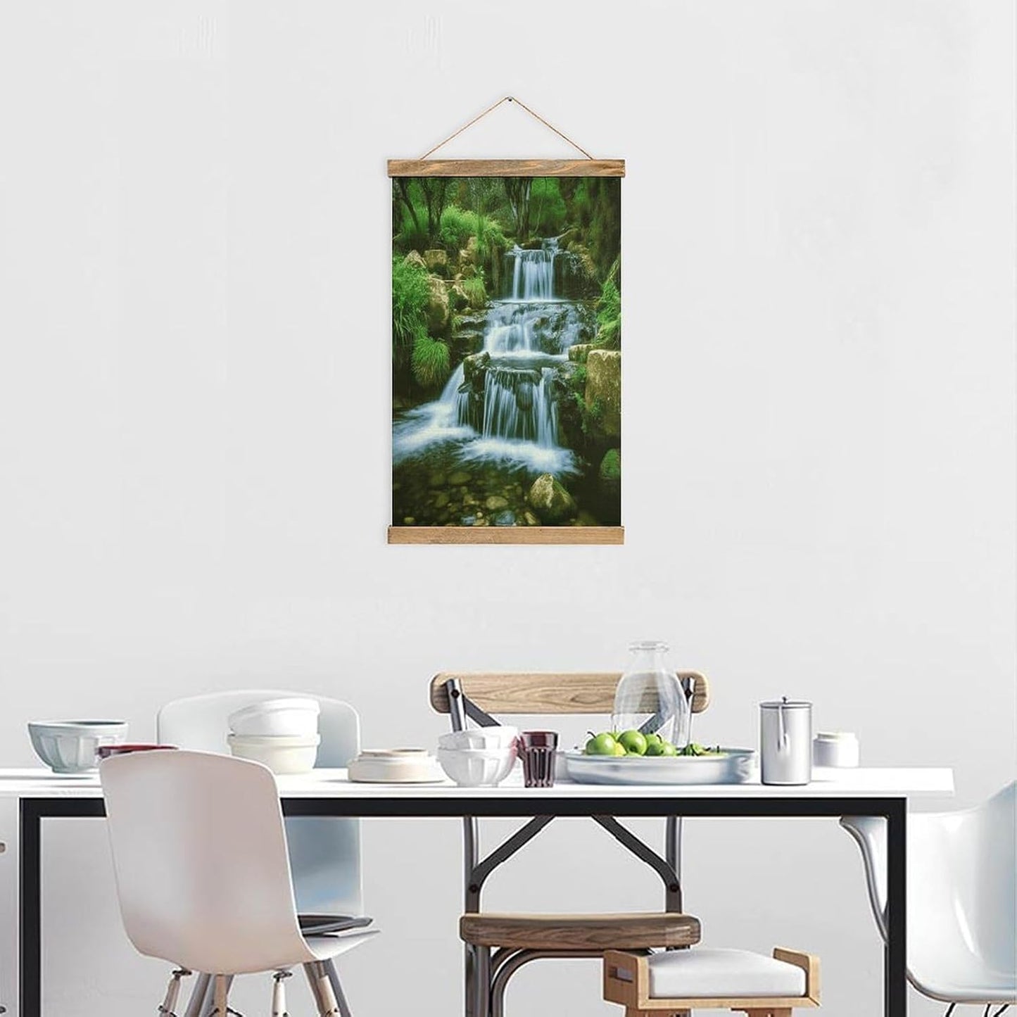 Vintage Waterfall Flowing Down Poster with Wooden Frame Personalized Linen Hanging Scroll Painting Rustic Wall Hanging Illustrative Modern Artwork Decor for Home Living Room Bedroom Office