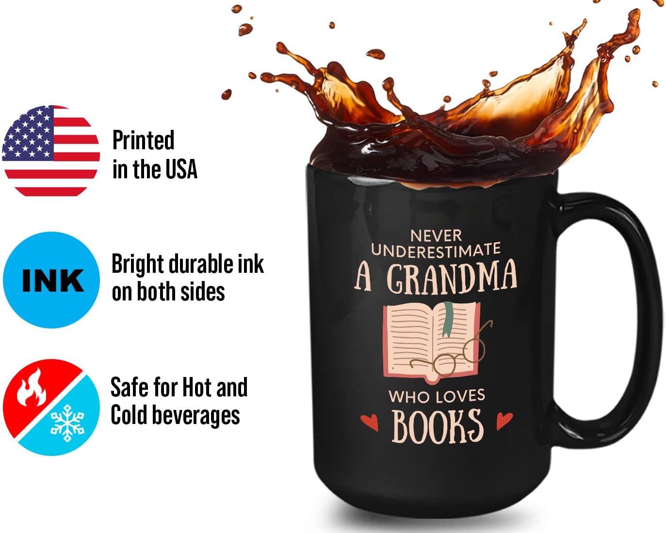 Bubble Hugs Book Lover Coffee Mug 15oz Black - Never Underestimate Grandma - Reading Reader Old Lady Book Lover Bookish Novelist Librarian Writer