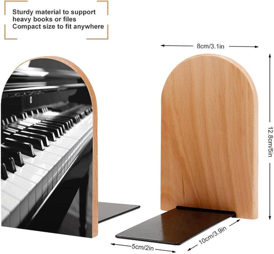 Black White Piano Keyboard Bookends 1 Pair Heavy Duty Book Ends for Shelves Non-Skid Bookend Supports Wooden Book Holders with Metal Base Desk Organizers Books Storage to Hold Books