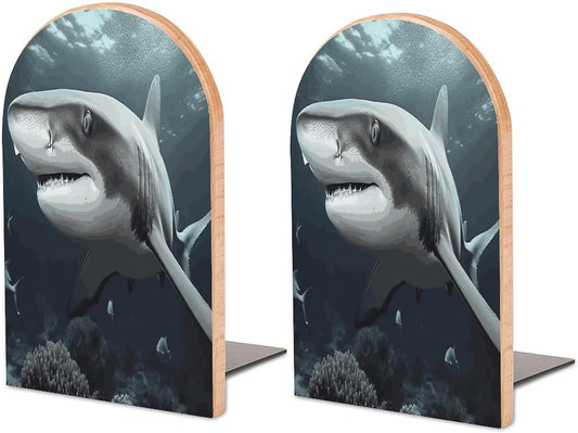 Shark Wooden Bookend Non-Slip Book Ends Heavy Duty Book Stopper with Metal Base Books Holderd Decorative Bookends Stands Firmly for Office Supplies
