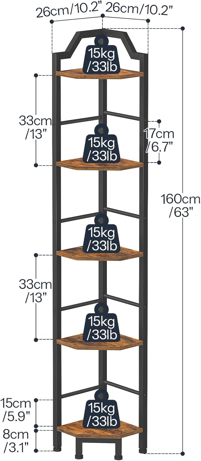 HOOBRO Narrow Corner Shelf Stand, 5-Tier Corner Shelf, 63” Tall Multipurpose Corner Bookshelf, Standing Display Shelf Plant Stand, for Living Room, Study, Kitchen, Rustic Brown and Black BF100CJ01