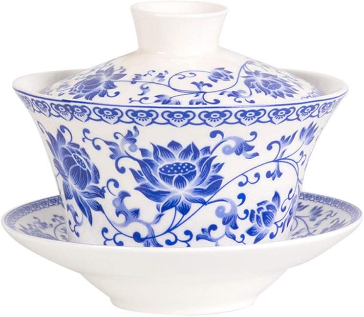 Liang baobao Traditional Gaiwan Tea Set with Lid and Saucer Blue Lotus Design Tea Cup Flower Porcelain Teacups 10oz