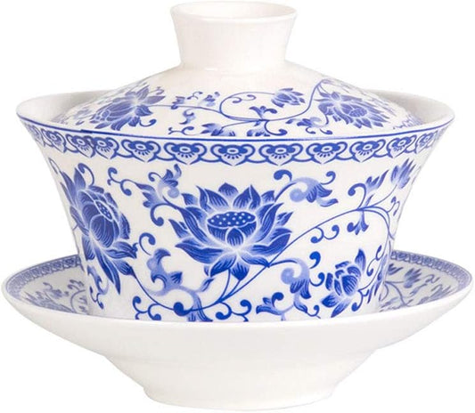 Liang baobao Traditional Gaiwan Tea Set with Lid and Saucer Blue Lotus Design Tea Cup Flower Porcelain Teacups 10oz