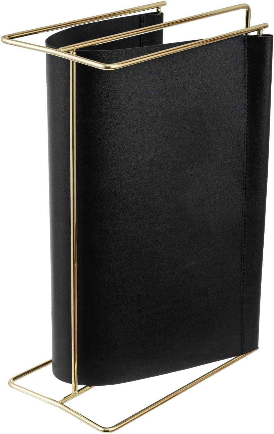 MyGift 15-Inch Modern Black Leatherette & Brass Plated Metal Magazine Holder – Floor Standing Faux Leather Sling Style Newspaper Rack for Home, Bathroom, Office Decor