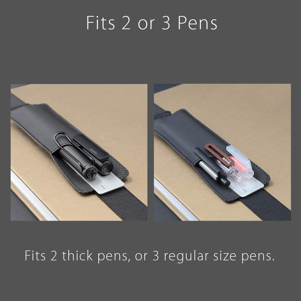 Adjustable Elastic Band Pen Holder, Pencil Holder, Pen Sleeve Pouch for Hardcover Journals, Notebooks, Planners, Binders, Fit Notebooks from 8" to 11” in Height, PU Leather, Detachable, Black