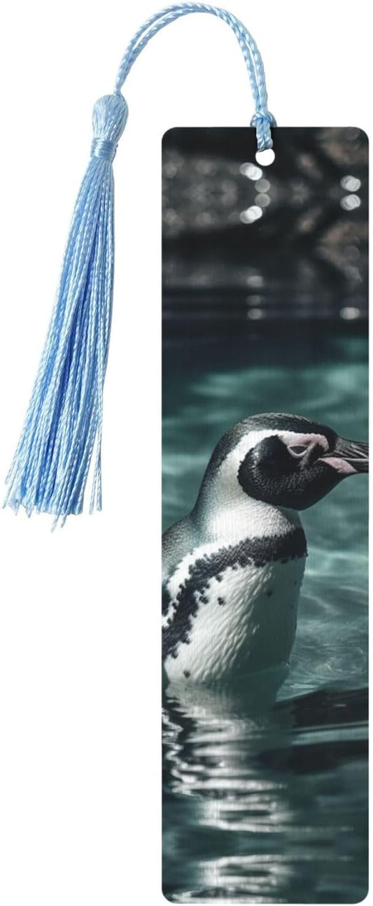 Penguin in Water Bookmarks Gifts for Women Men, Wooden Bookmarks for Book Lovers, Vintage Book Marks Ornaments with Tassel, Unique Personalized Reading Page Markers Sky Blue
