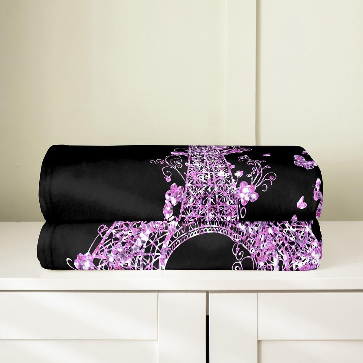 Feelyou Eiffel Tower Flannel Fleece Throw Blanket,All Season Paris Butterfly Bed Blanket Paris Decor Purple Black Fuzzy Blanket for Bed Sofa Couch,Bedroom Decor Valentines Plush Blanket Twin 60"x80"