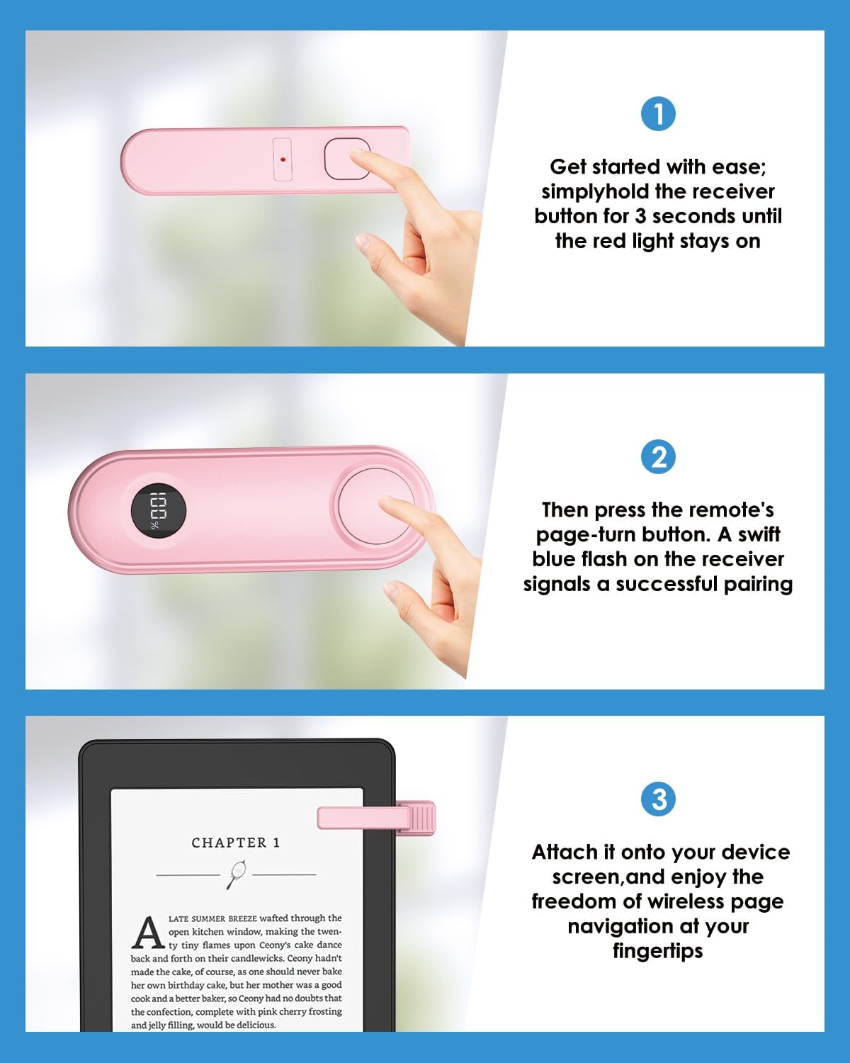 Remote Page Turner for Kindle Reading Accessories, Clicke for iPad iPhone Android Tablets E-Book Reading Noels, Camera Remote Shutter Selfie Controller, Pink