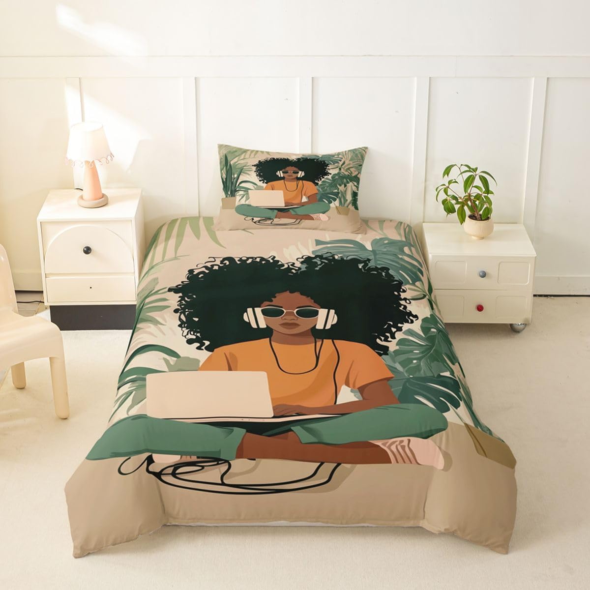 Feelyou Black Woman Duvet Cover Twin Size African American Bedding Set for Boys Girls Reading Comforter Cover Bedroom Decor 2Pcs