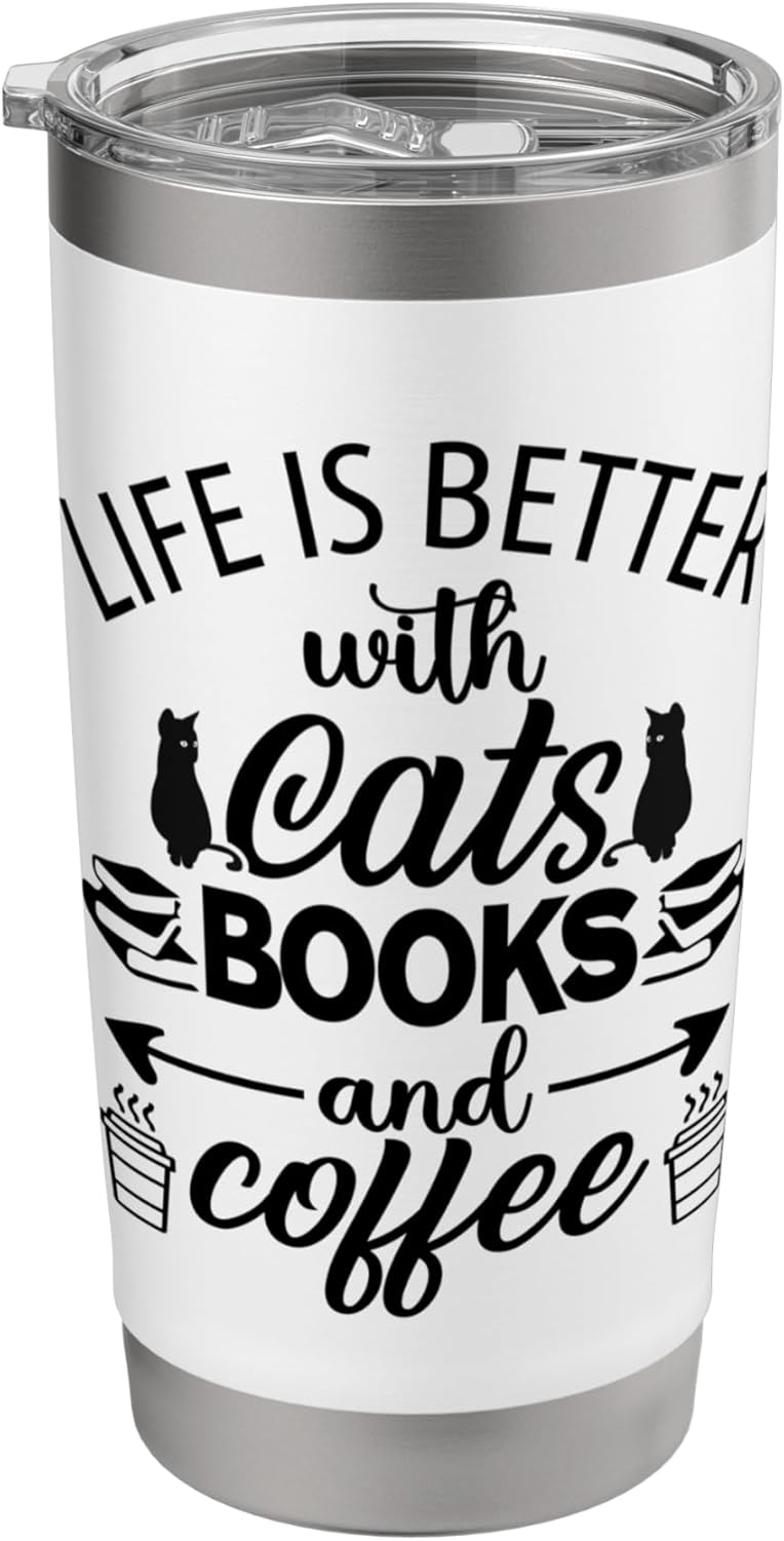 Life is Better with Cats & Books Coffee Black Cat Book Lover Stainless Steel Insulated Tumbler