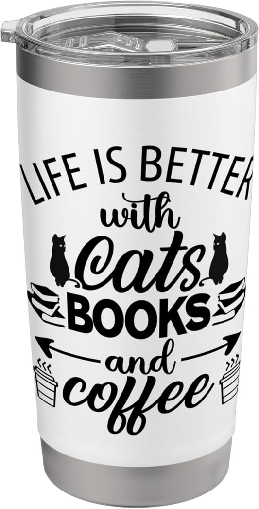 Life is Better with Cats & Books Coffee Black Cat Book Lover Stainless Steel Insulated Tumbler