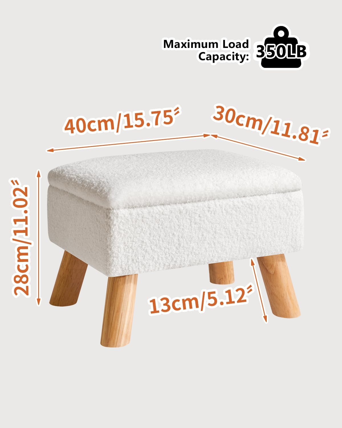 YMYNY Storage Ottoman, Small Foot Stool Ottoman with Storage, Foot Rest with Padded Seat, Teddy Velvet, Sturdy Wood Legs Stool for Living Room Bedroom Couch Enterway, White UHBD042W