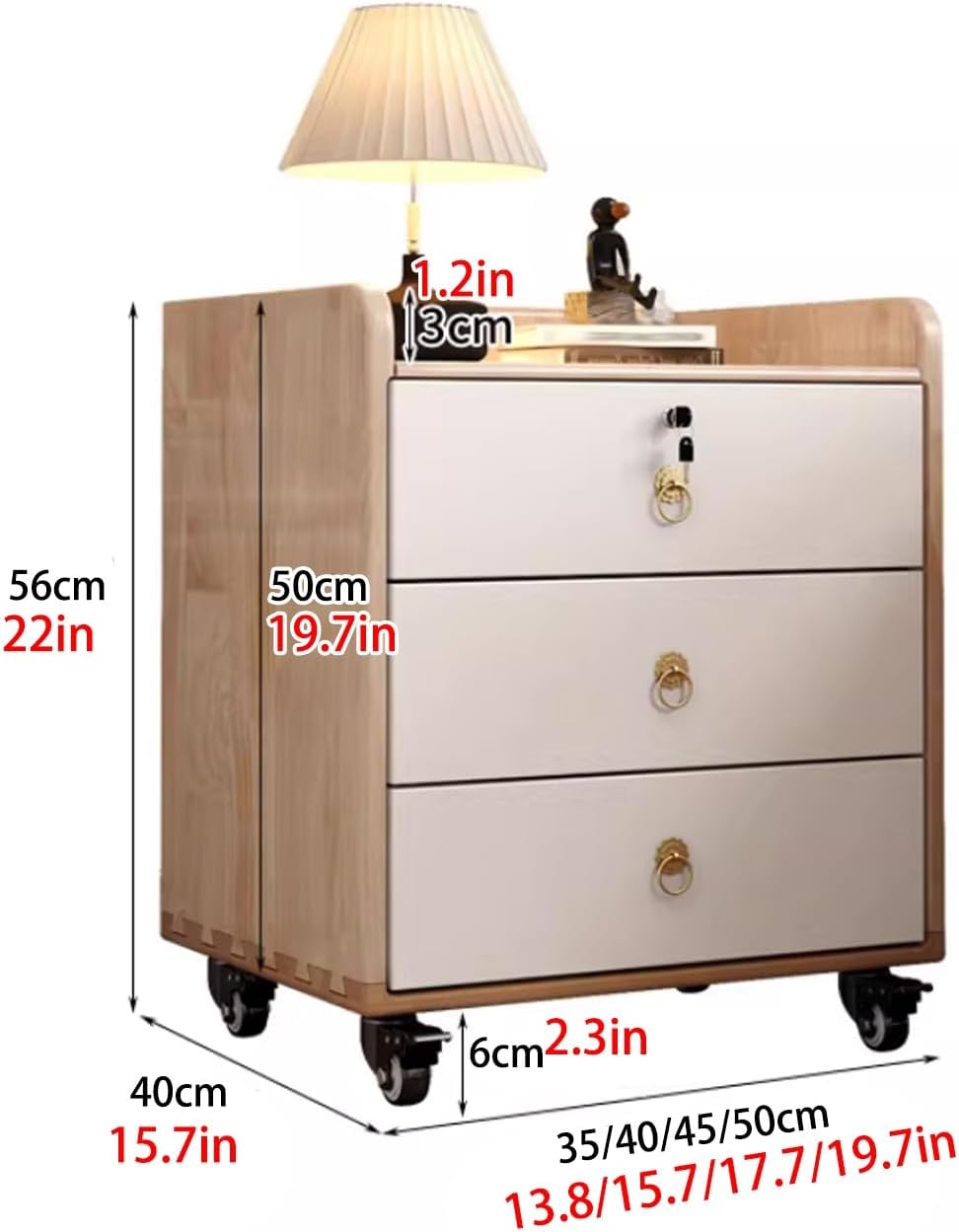 Wooden Nightstand, Bedside Table with 3 Drawers Lockable Mobile Bedside Desk Rounded Corner Design, File Cabine, for Bedroom Office Living Room(A,13.8in/35cm)