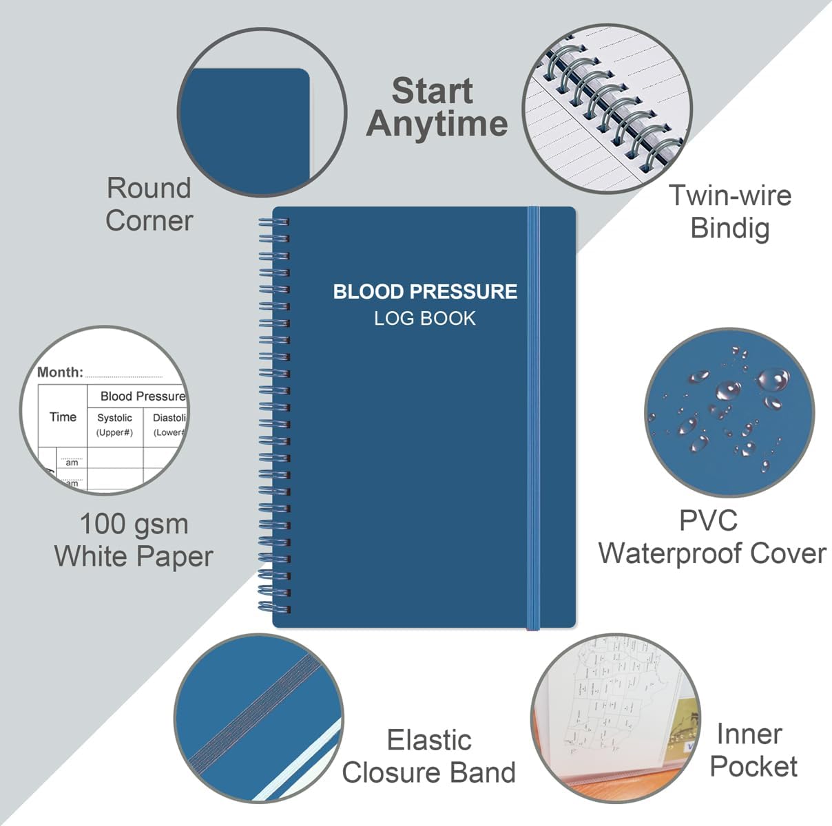 Blood Pressure Log Book - Record & Monitor Your Daily Blood Pressure, Heart Rate Readings at Home, 5.8" x 8.5", Blue