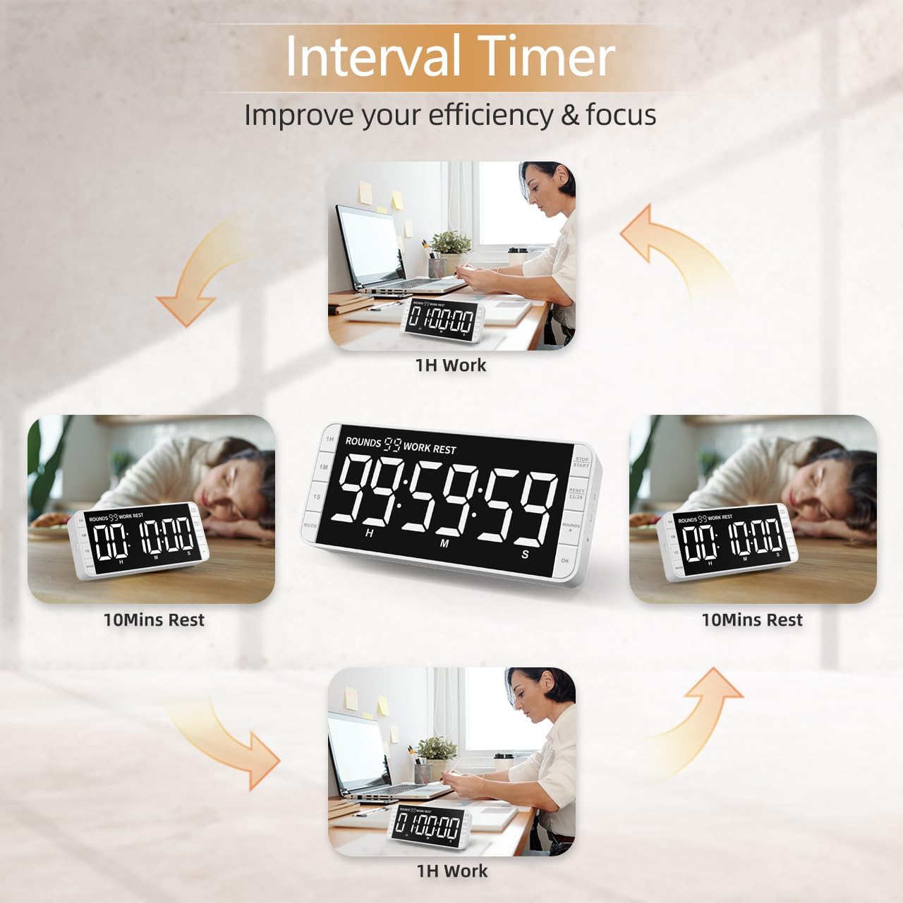 Rechargeable Kitchen Timer - 7.8" Extra Large Display, Magnetic LED, 5 Alarms, 99H Countdown/Countup for Cooking, Classroom, Home Gym
