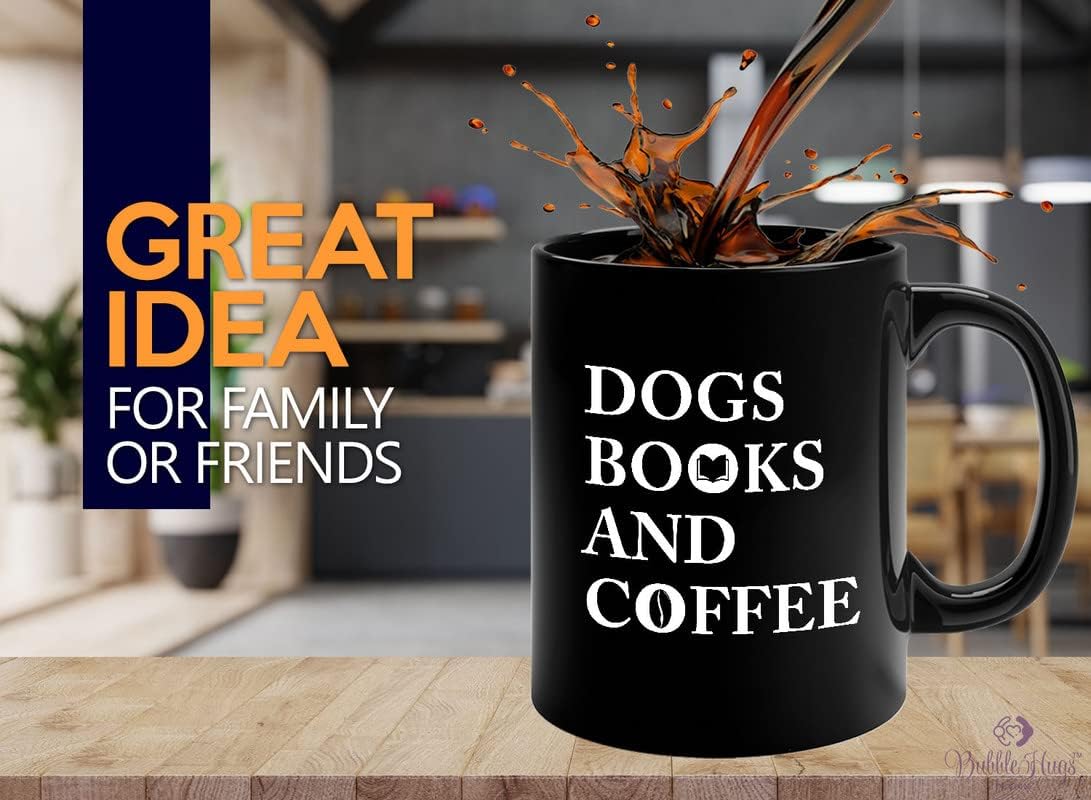 Book Lovers Coffee Mug 11oz Black - Dog Books And Coffee - Animal Lovers Caffeine Addict Reader Literature Cihuahua Husky Poodle Pug Pet
