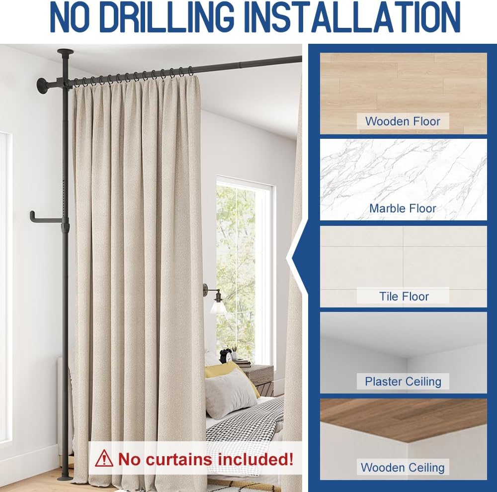 KELIXU Room Divider Curtain Rod No Drilling, 4-10ft (W) x 4-10ft (H) Room Partition with Hanging Hooks, Floor to Ceiling Divider for Room Separation, Adjustable Heavy Duty Tension Rods, Black