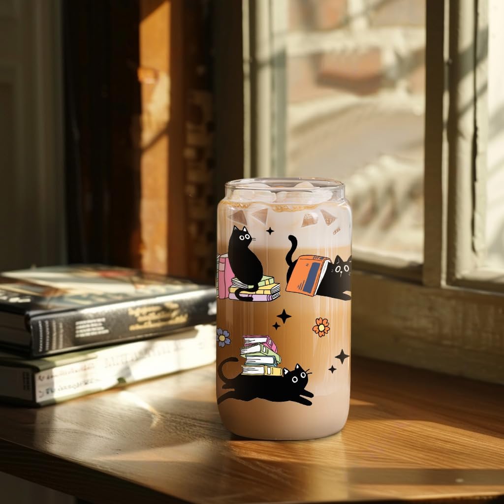 GSPY Black Cat Glass Cup, Funny Gifts for Cat Lovers & Book Lovers, Cute 16 oz Cat Themed Iced Coffee Cups - Bookish, Reader Tumbler Mug - Mothers Day, Birthday, Book, Reading Gifts for Women, Men