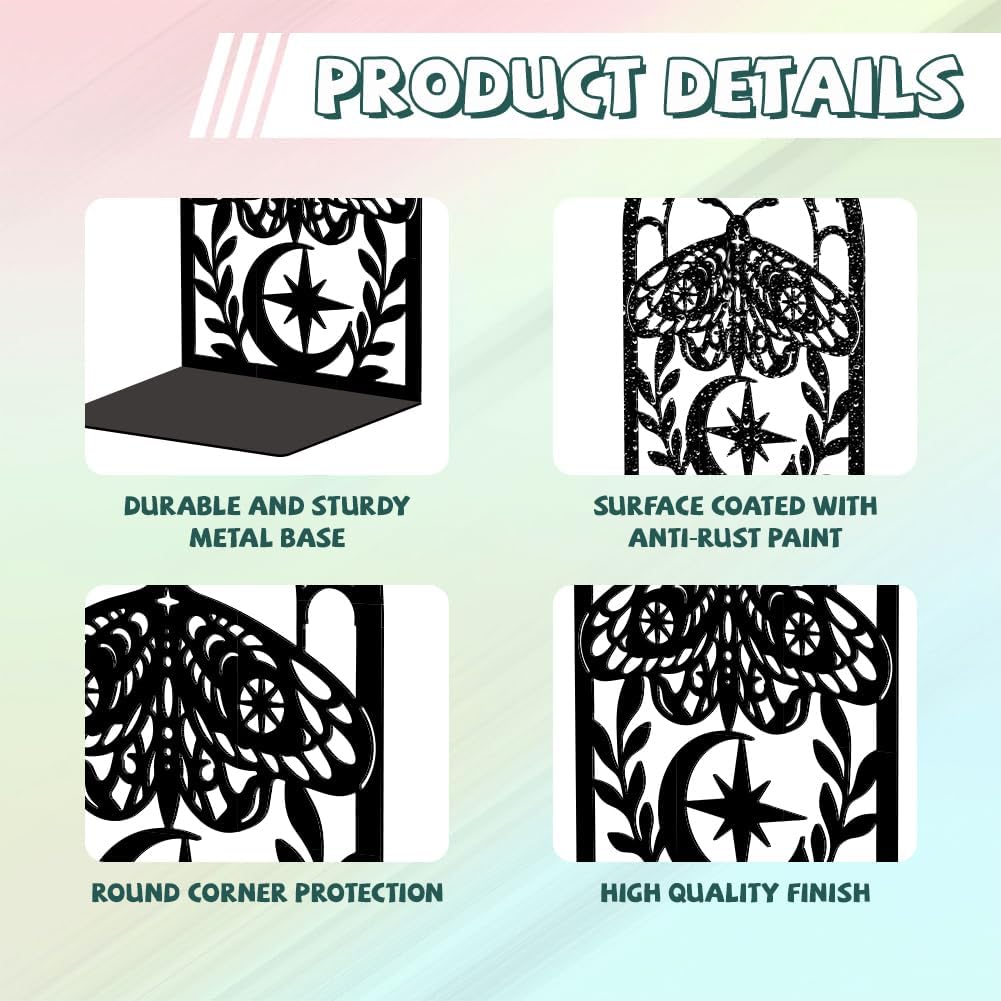 Peacoblue Metal Bookends for Shelves, Modern Decorative Heavy Duty Study Book Support Stoppers for Office, Desk, Shelf, Room 5.3"x4.3"x7.9" Cast Iron Simple Tall Bookends, 1 Pair (Moth)