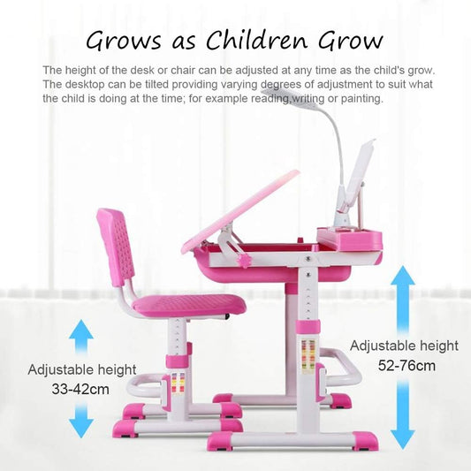 Kids Desk and Chair Set, Height Adjustable Children School Study Desk with Tilt Desktop, Bookstand, LED Lamp, Metal Hook and Storage Drawer for Boys Girls, Pink