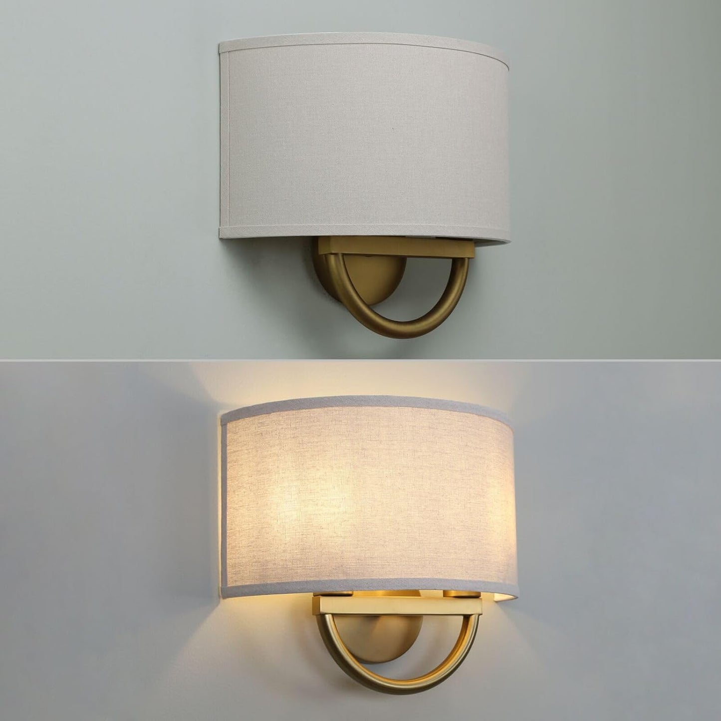 Yosoan Linen Fabric Cloth Boho Aged Brass Gold Wall Sconce Stairwell Fixture Light, 2-Light Dual Indoor Hardwired Vanity Vintage Wall Mount Lamp Antique Metal Base Semicircle Shade Lamp for Hallway