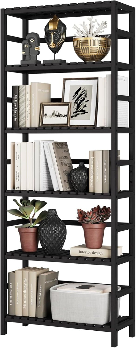 Bamjoy Bamboo Shelf, 6-Tier Bookshelf Adjustable Storage Shelves, Tall Shelving Unit Plant Stand, Storage Rack for Bathroom Home Office Living Room Kitchen, 23.6W x 10.2D x 63.4H Black