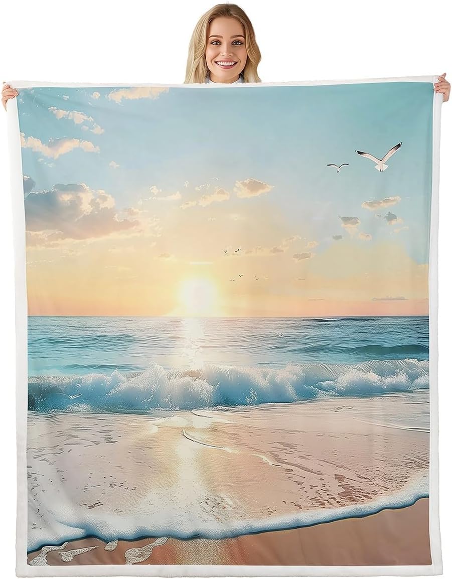Feelyou Beach Flannal Blanket Queen 90"x90" Sunset Ocean Sea Seagull Fleece Throw Blanket for Bed Sofa Couch Natural Landscape Sherpa Blanket Room Decorations Flannal Blanket