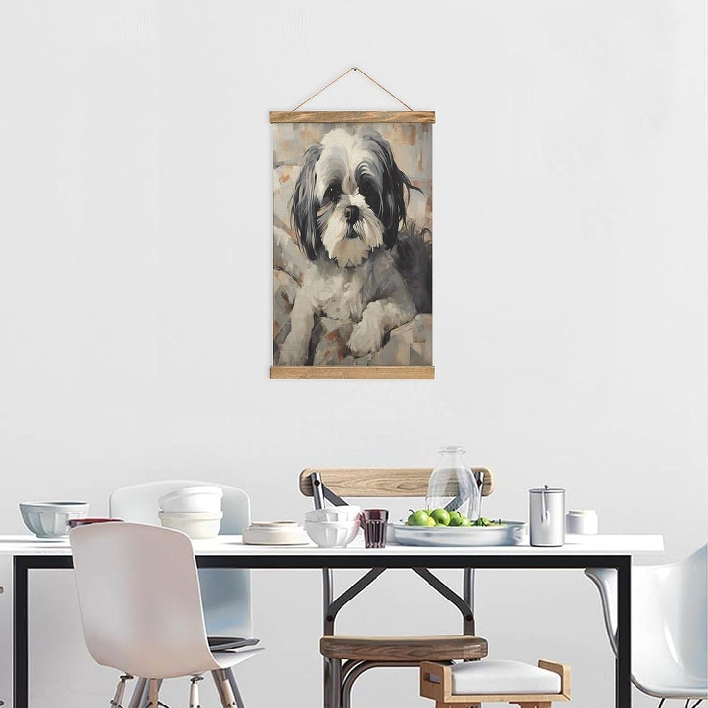 Vintage Shih Tzu Poster with Wooden Frame Personalized Linen Hanging Scroll Painting Rustic Wall Hanging Illustrative Modern Artwork Decor for Home Living Room Bedroom Office