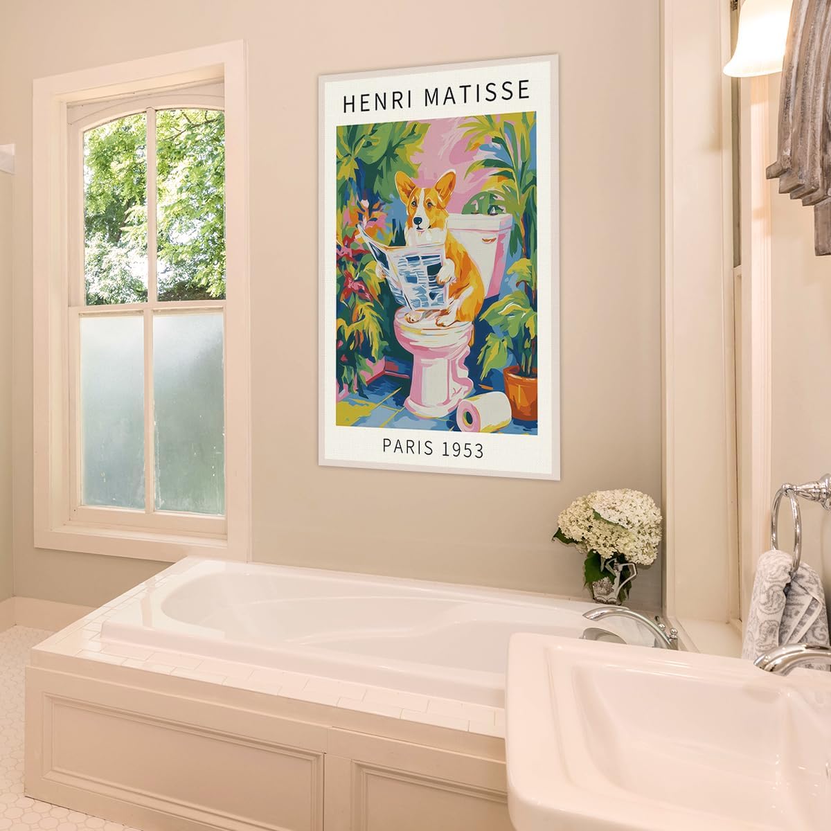 SKINGE Funny Bathroom Wall Art Henri Matisse Room Aesthetics Retro Pink Decor Corgi Reading Newspaper Canvas Painting Print Artworks Animal Bathroom Art Aesthetics Pictures 16x24 inch Unframed