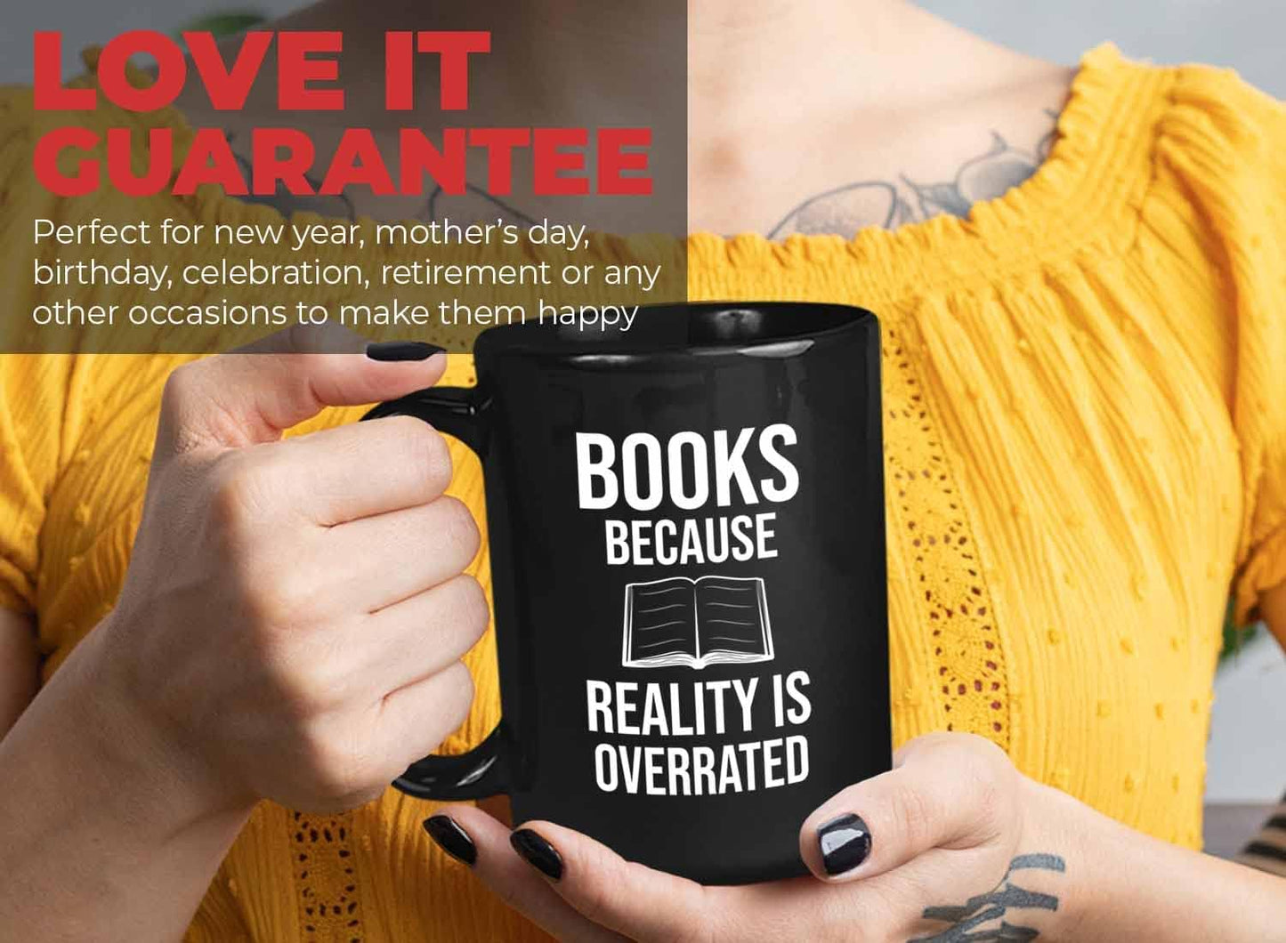 Bubble Hugs Writer Coffee Mug 15oz Black - Books Because Reality is Overrated - Reading Book Lover for Bookworm Bibliophile Librarians Author Readers Bookish