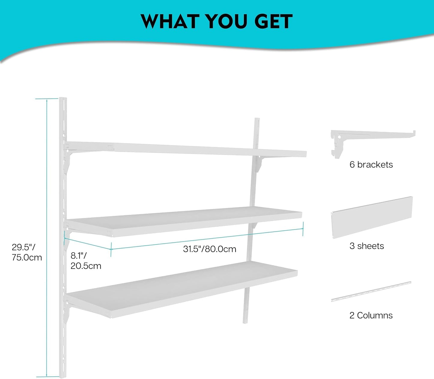 8" Deep ×32″ Long Adjustable Deep Floating Shelves for Wall 3‑Tier, Wall Mount Metal Shelf 165 LBS, Heavy Duty White Storage Rack for Garage, Kitchen, Bathroom, Bedroom, Wall Shelving Decor
