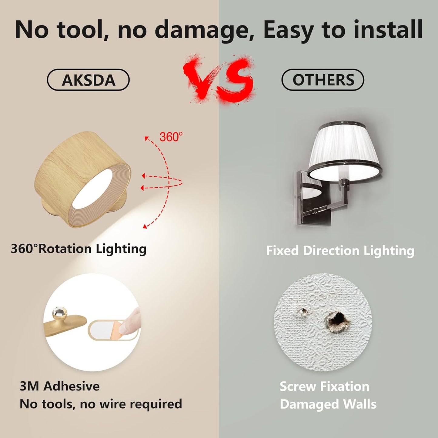 Battery Operated Wall Light, LED Wall Sconce with 3 Color Modes, 3 Brightness Levels, 360 Rotation, Touch Control, Cordless Wall Lamp for Bedroom, Reading, Bedside - 1 Pack