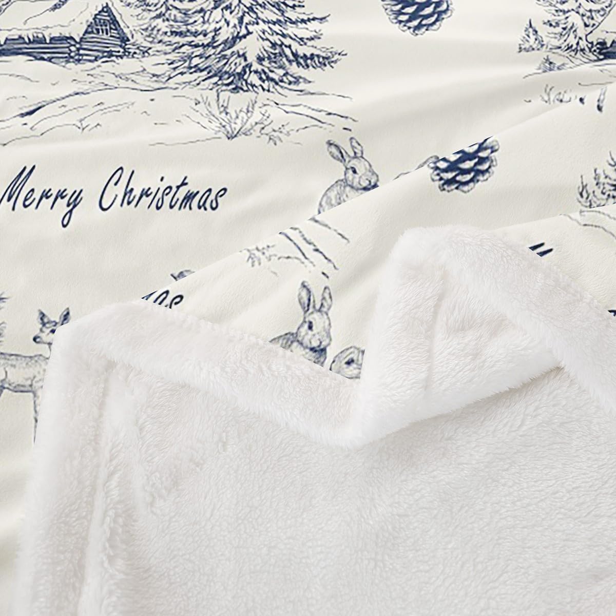 Erosebridal Navy Blue Christmas Throw Blanket Throw Size, Winter Village Blanket for Kids Adults, Christmas Tree Reindeer Pattern Fleece Blanket, Xmas Holiday Theme Sherpa Blanket