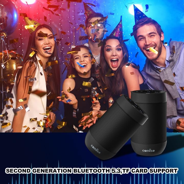 comiso Bluetooth Speaker, Portable Bluetooth Speakers with Wireless Stereo Pairing, Built in Mic, 360° HD Sound,IP65 Waterproof Speaker,Support TF Card, for Home/Party/Outdoor/Beach,Gift For Men/Women