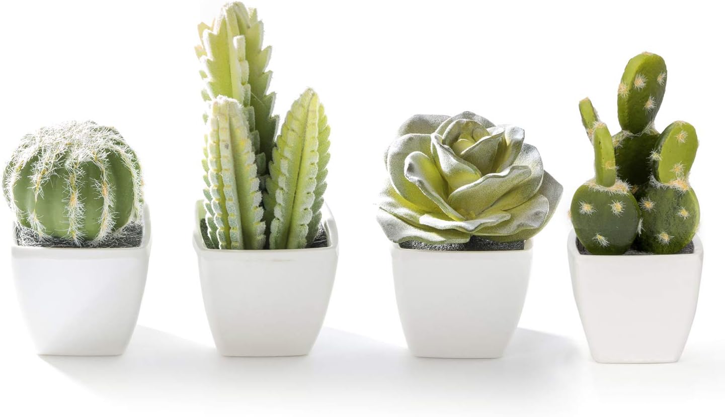 Artificial Mini Succulent & Cactus Plants in White Cube-Shaped Pots for Home Decor, Set of 4
