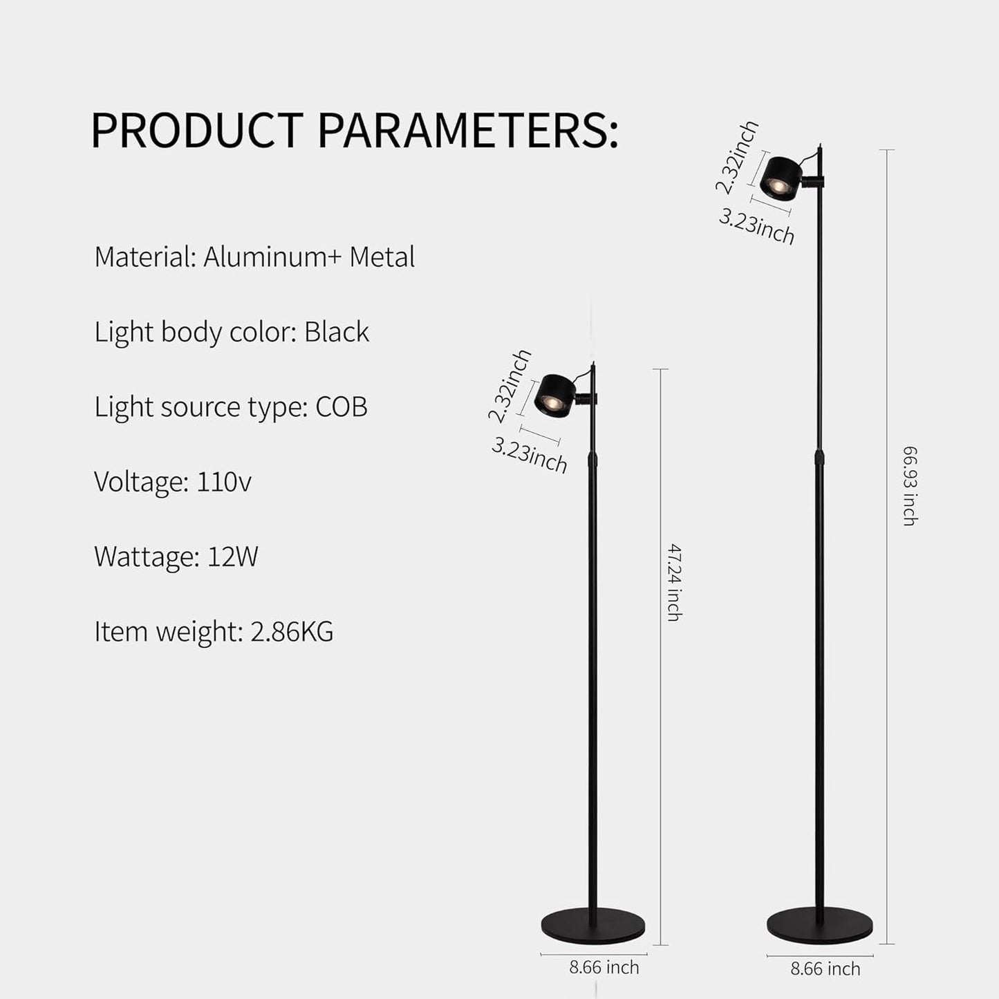 Aisilan Adjustable LED Floor Lamp with Touch Control, Dimmable 3000K-6000K Light for Living Room, Height Adjustable Pole & 350° Rotatable Head, Modern Black Standing Lamp for Bedroom Reading