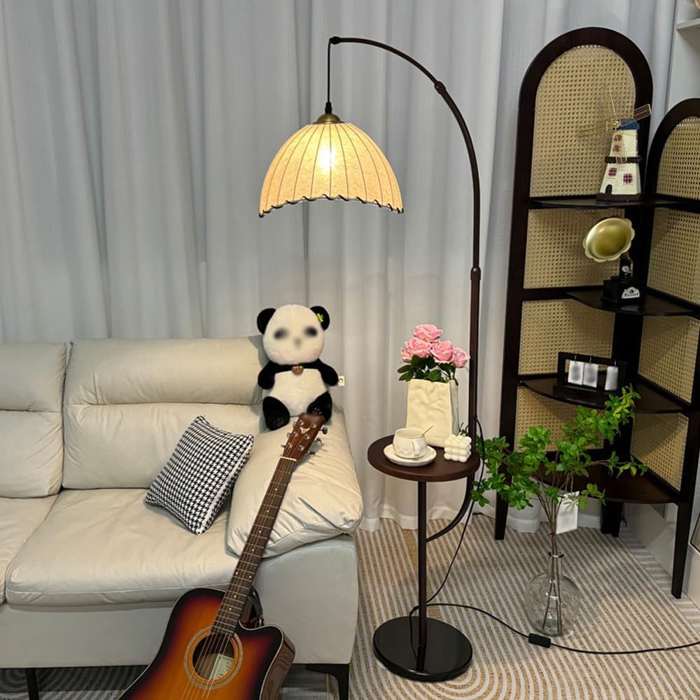 Modern Arc Floor Lamp Height Adjustable Floor Light Moon Linen Tall Lamp with Desktop Switch E27 3-Color Light Dimmer Fixture for Living Room Reading Room Office