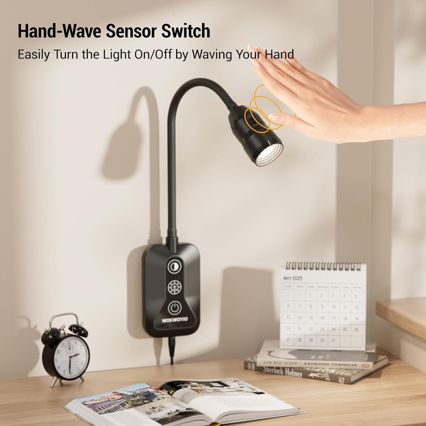 Wall Mounted Reading Light for Bed, Headboard Light with 360° Flexible Arm, Hand Wave Sensor, Focused 60° Beam, 5 Color Temperatures, Stepless Dimming, Memory Function, USB-C Output, Black 2 Pack