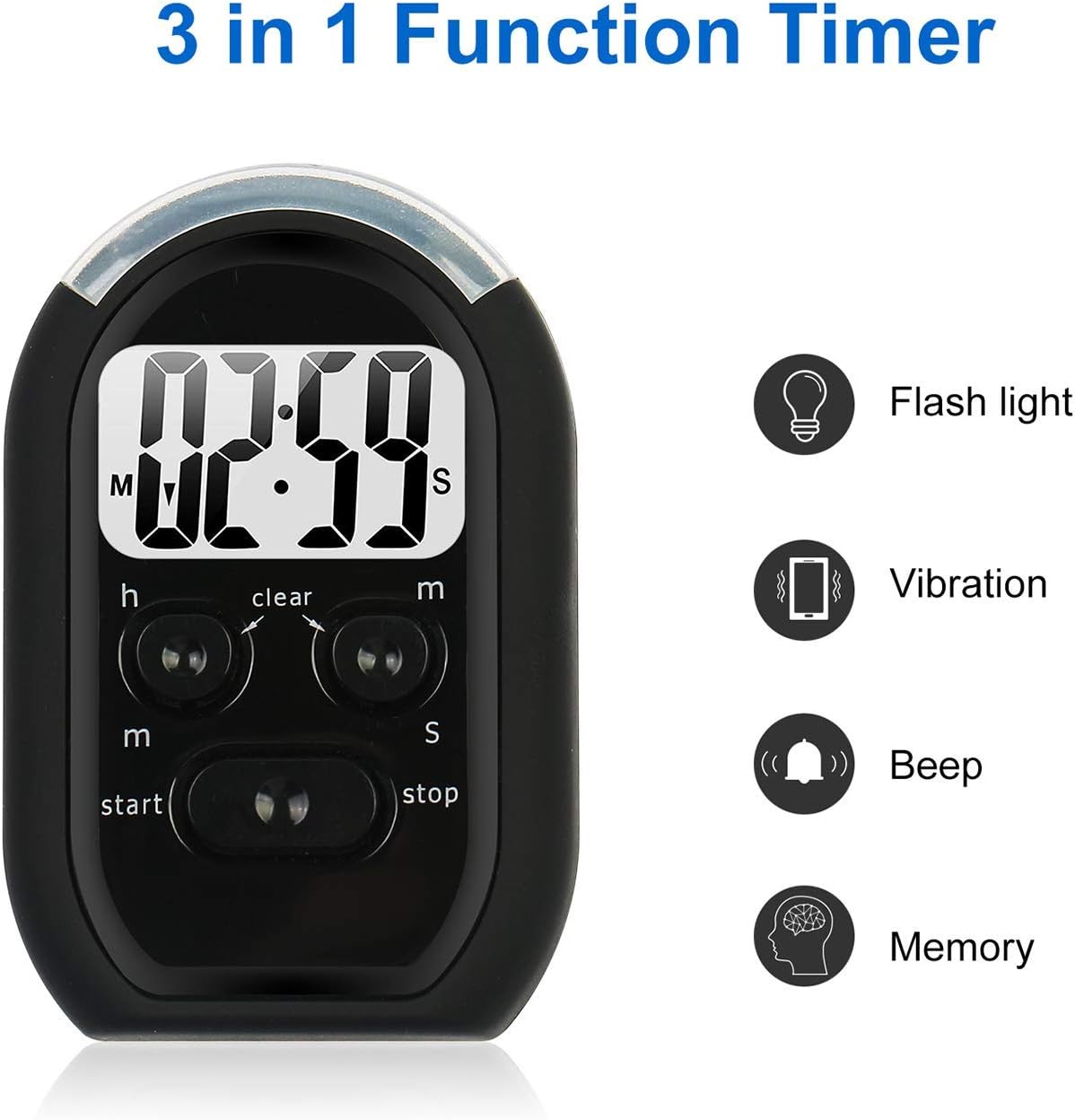3 in 1 Kitchen Timer with Vibration, Flasher and Beeper for Cooking, Baking, Sports, Games, Yoga, Study, Meditation, Office