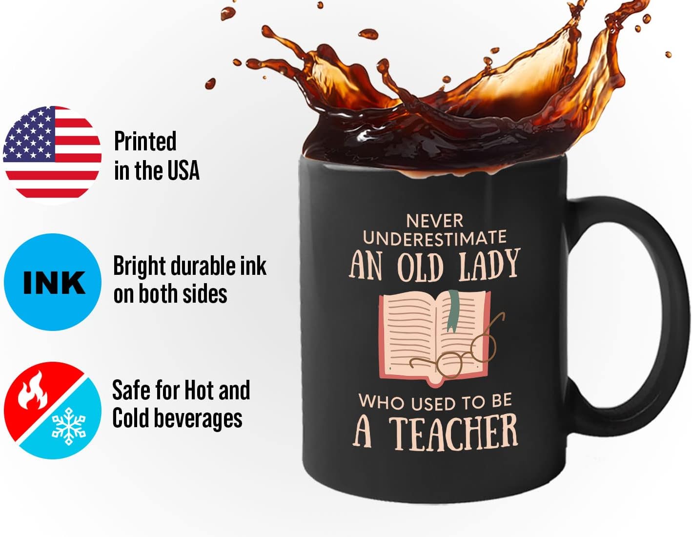 Bubble Hugs Book Lover Coffee Mug 11oz Black - Never Underestimate Old Lady - Reading Reader Grandma Retired Teacher Book Lover Bookish Novelist Librarian Writer