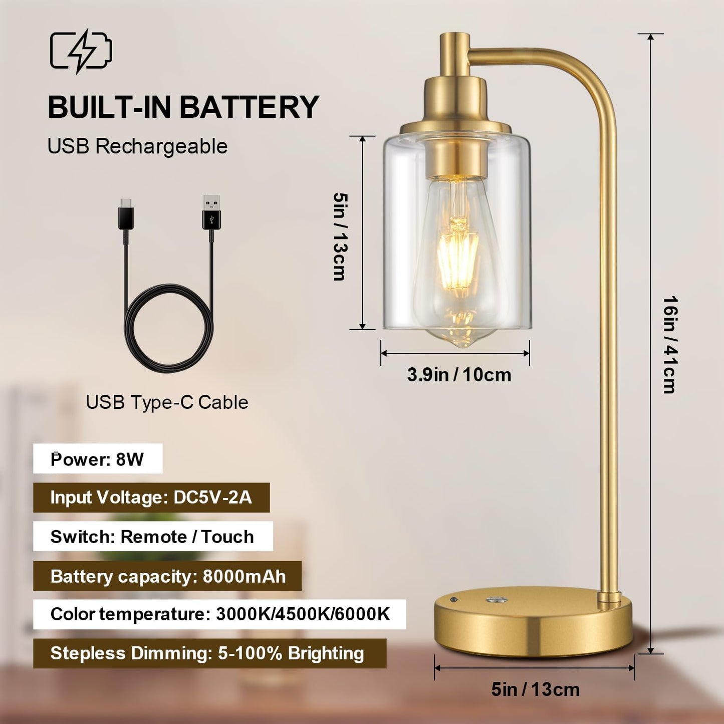 Cordless Table Lamp Rechargeable Gold, 8000mAh Battery Operated Table Lamps with Remote Control, Touch Dimmable Bedside Lamps with Glass Shade, Portable Wireless Lamp for Bedroom, Living Room