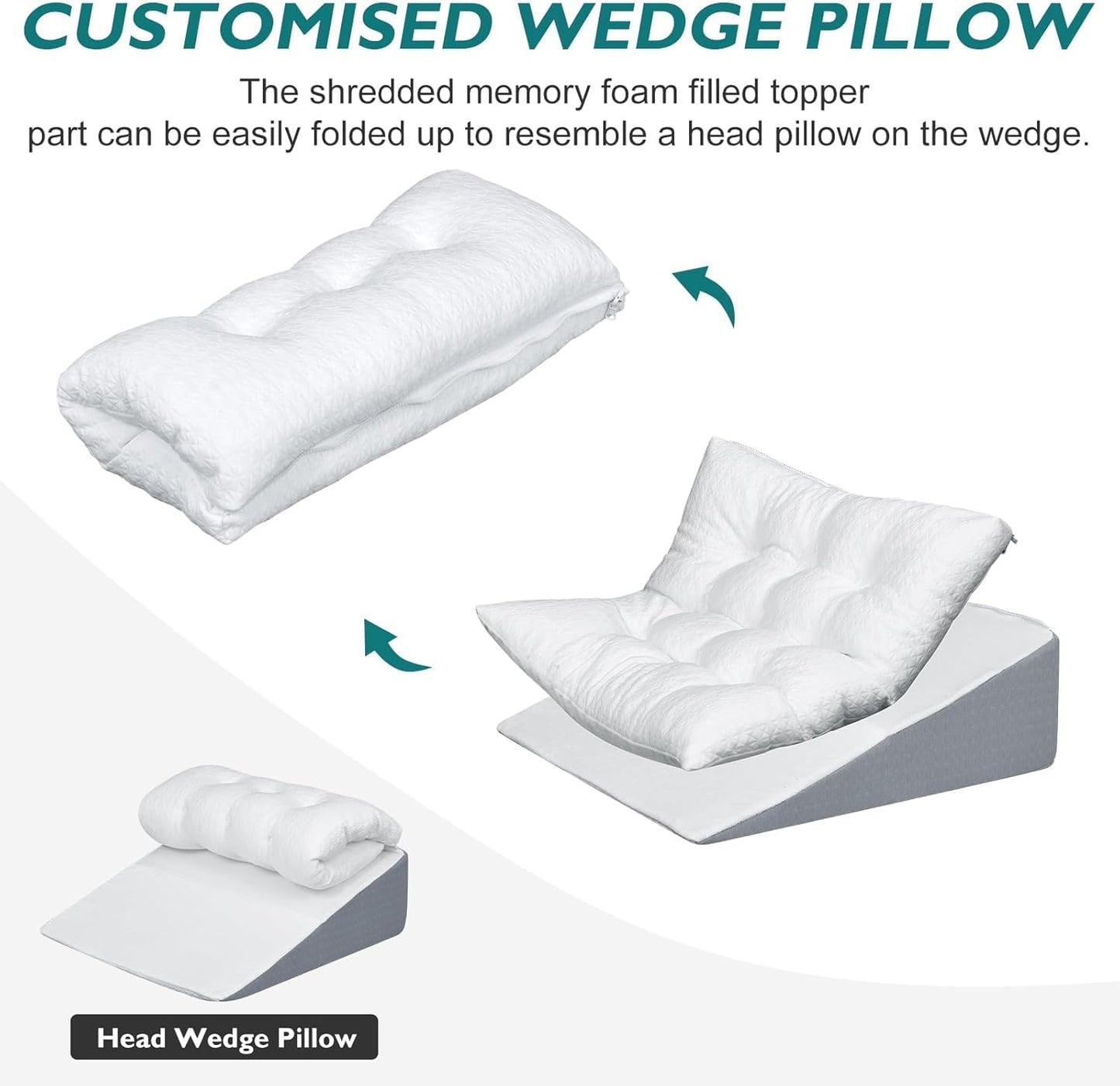 TANYOO Bed Wedge Pillow for Sleep Apnea 10 Inch Gerd Pillow Patent Dual Layer Triangle Pillow Adjustable Shredded Memory Foam Topper Soft Support Ideal for Acid Reflux, After Surgery, Snoring