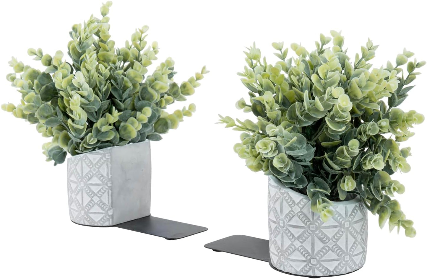 MyGift L-Shaped Decorative Bookends with Artificial Eucalyptus Plant Potted in Modern Geometric Embossed Gray Concrete Pot, Book Ends for Shelf Desk Nook Decor, 1 Pair