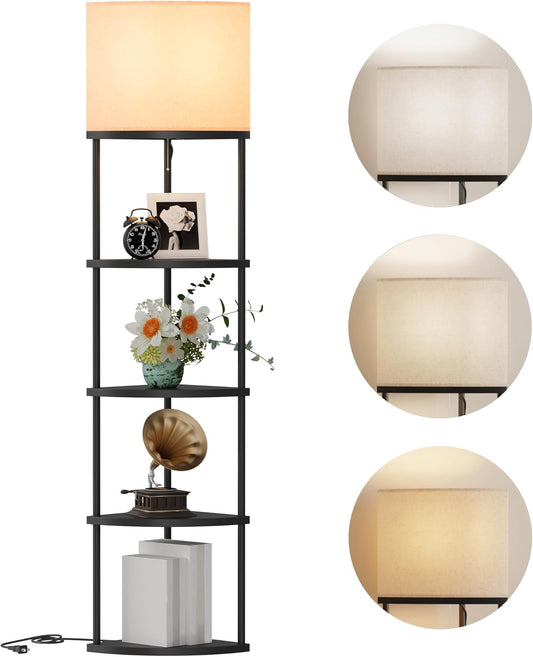 Floor Lamp with Shelves, Modern 5 Tier Corner Shelf Lamp with 3 Color Temperature Bulb, Storage Home Decor Organizer Shelves for Bedroom Living Room, Black