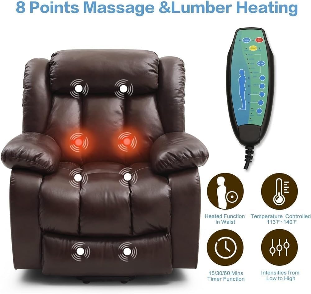 Large Power Lift Recliner Chair for Seniors with Dual Motor Infinite Position Adjustable Leather Heated Massage Lay Flat Electric Lounge Seating Brown Living Room Furniture