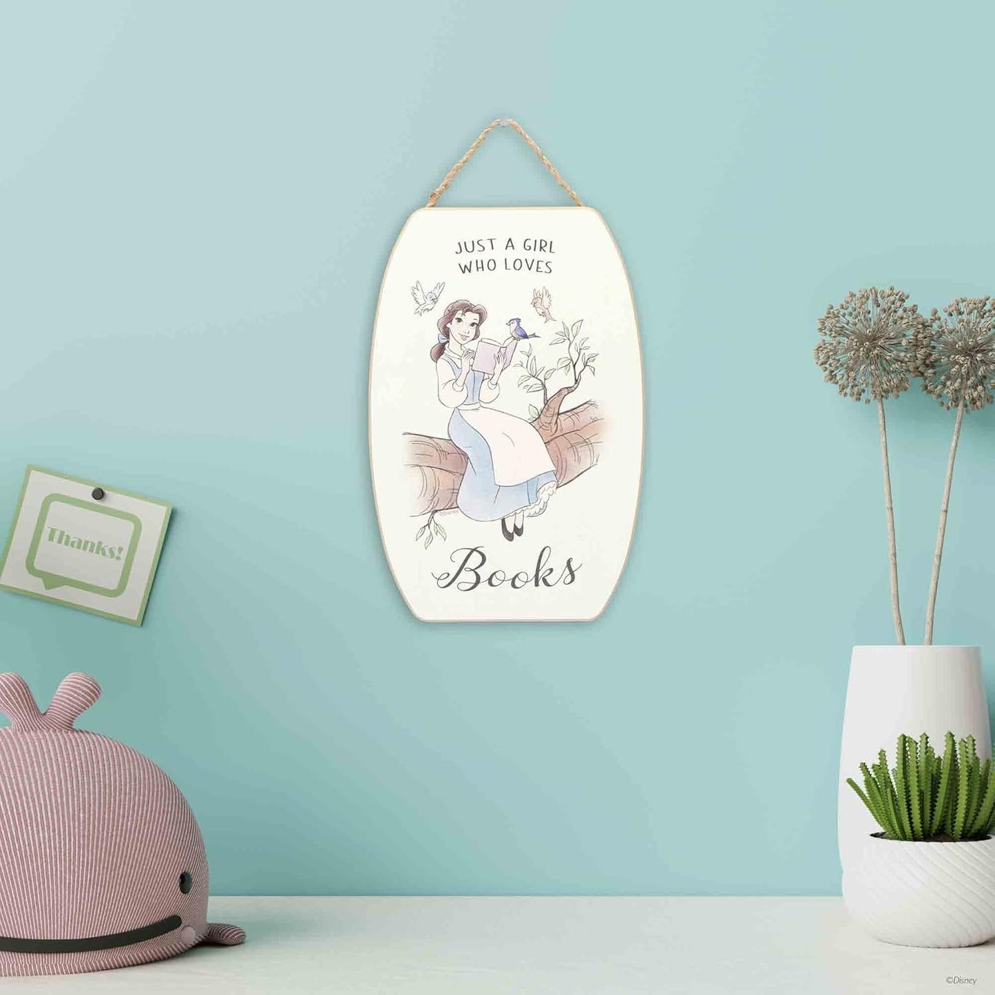 Disney Beauty and the Beast Just a Girl Who Loves Books Hanging Wood Wall Decor - Cute Belle Decoration for Kids' Bedroom or Reading Nook