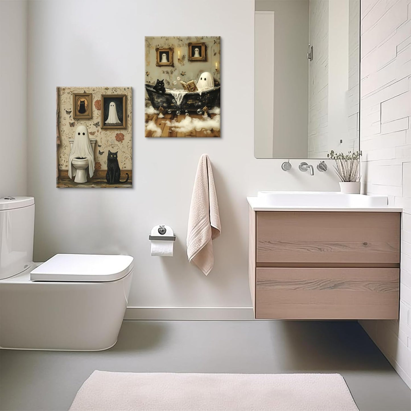 2pcs Funny Ghost Bathroom Wall Art Spooky Ghost on Toilet Wall Decor Gothic specter and Cute Black Cat Canvas Poster Dark Academia specter Painting Prints for Toilet Dorm Halloween Decor12x16In Canvas