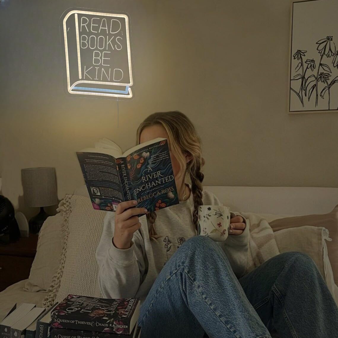 Read Books Be Kind Neon Sign Classroom Neon Lights Dimmable LED Light Up Sign for Bedroom Bookstore Reading Room Library Museum Study Room Wall Decoration Encourage People to Love Reading